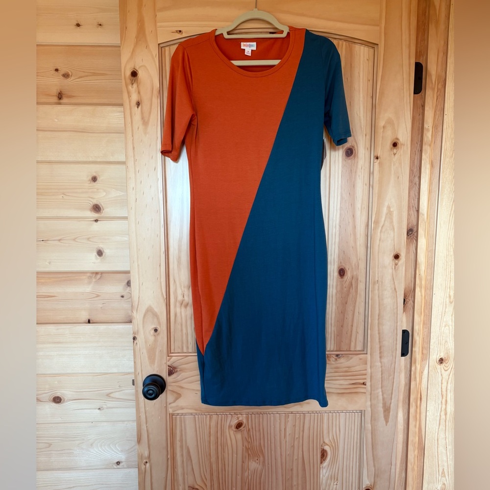 LuLaRoe Orange and Blue Diagonal Midi Dress